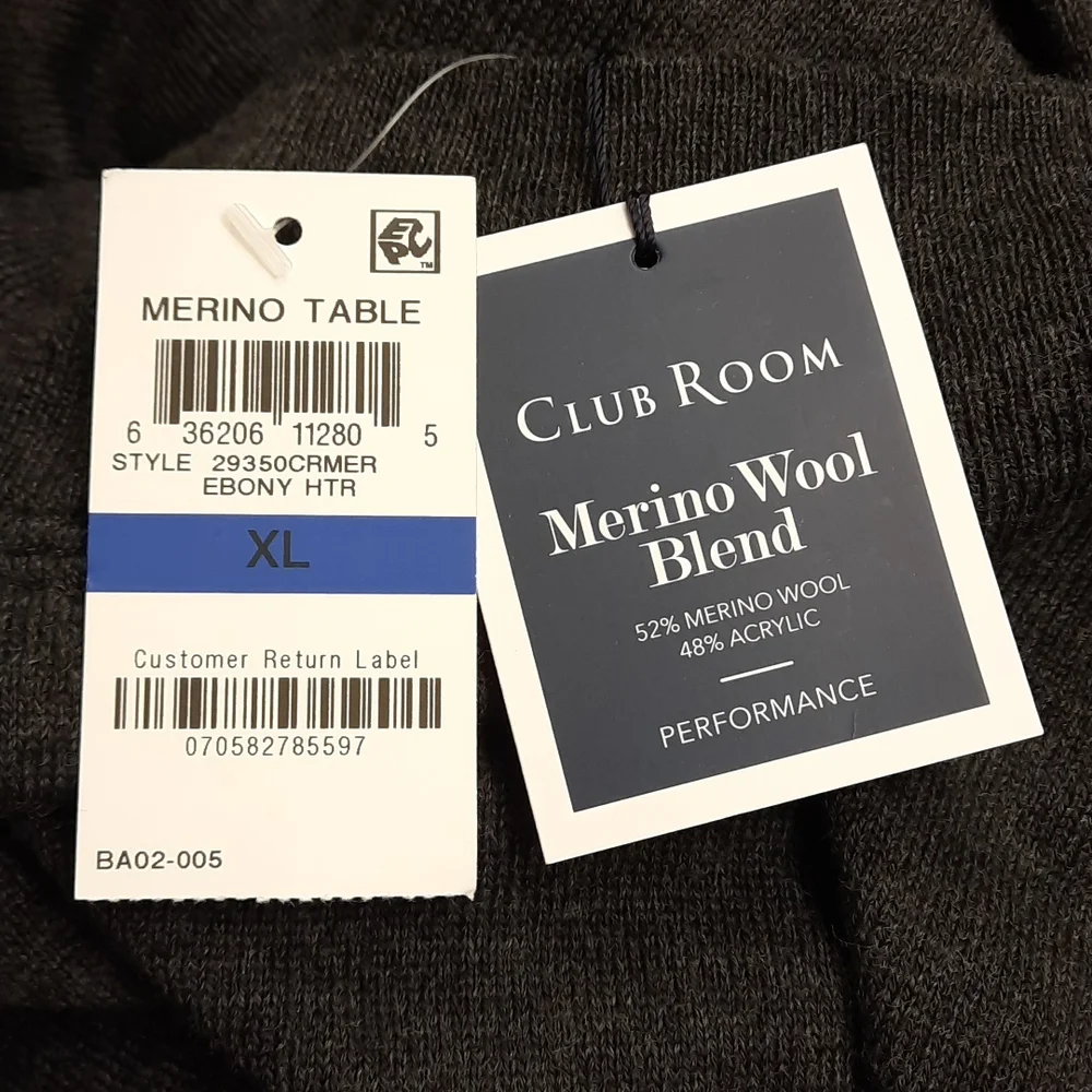 NWT, Men's Club Room Gray Quarter-Zip Merino Wool Blend Sweater